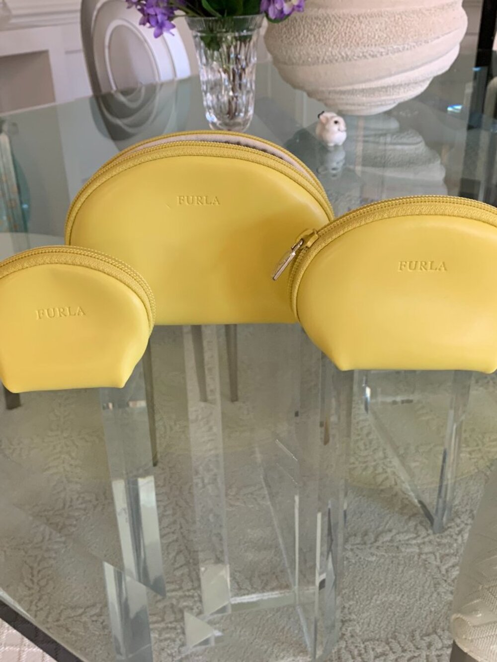 Lemon Yellow FURLA Nesting Leather Pouches - 3 New Without Tags